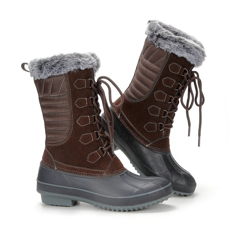 Pair of brown lace-up snow boots with faux fur cuff and contrast rubber bottom