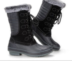 Black lace-up mid-calf snow boots with faux fur cuff and textured rubber tread