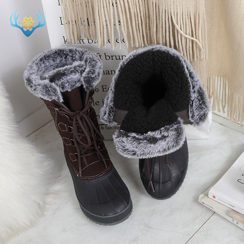 Brown lace-up mid-calf snow boots with faux fur cuff and tall rubber sole