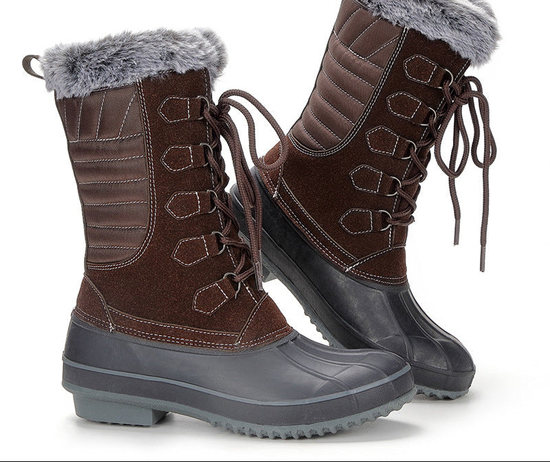 Brown lace-up mid-calf snow boots with faux fur cuff and side stitching details