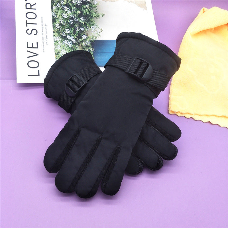 Padded ski gloves with buckle wrist strap, black insulated gloves with textured grip lines