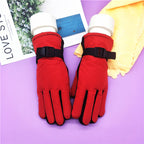 Padded ski gloves with buckle wrist strap, red outer with black strap and dark seams