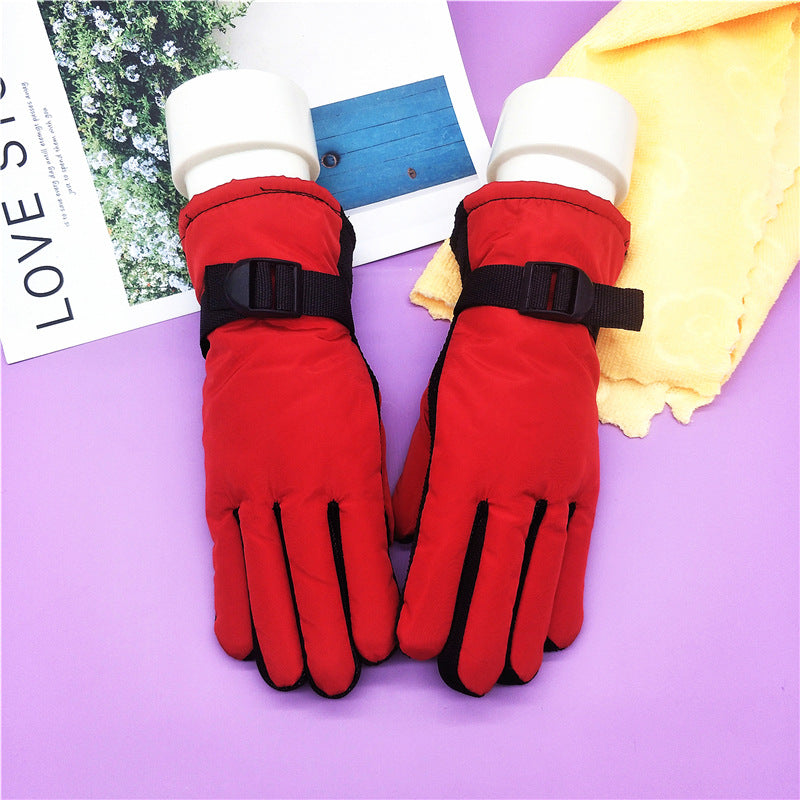 Padded ski gloves with buckle wrist strap, red outer with black strap and dark seams