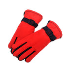 Padded ski gloves with buckle wrist strap, bright red outer with black grip details