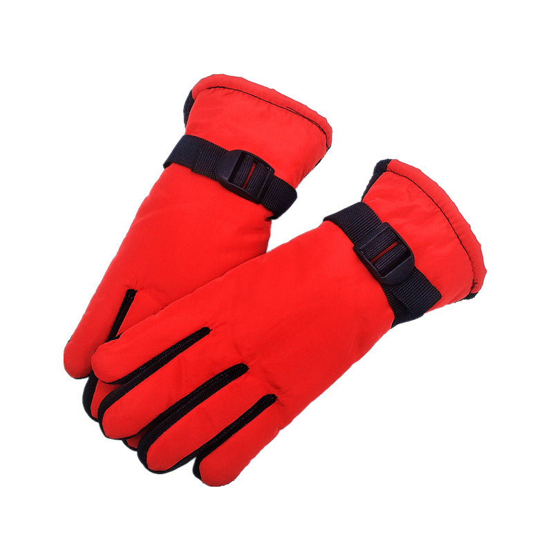 Padded ski gloves with buckle wrist strap, bright red outer with black grip details