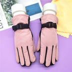 Padded ski gloves with buckle wrist strap, light pink with fleece lining and black accents