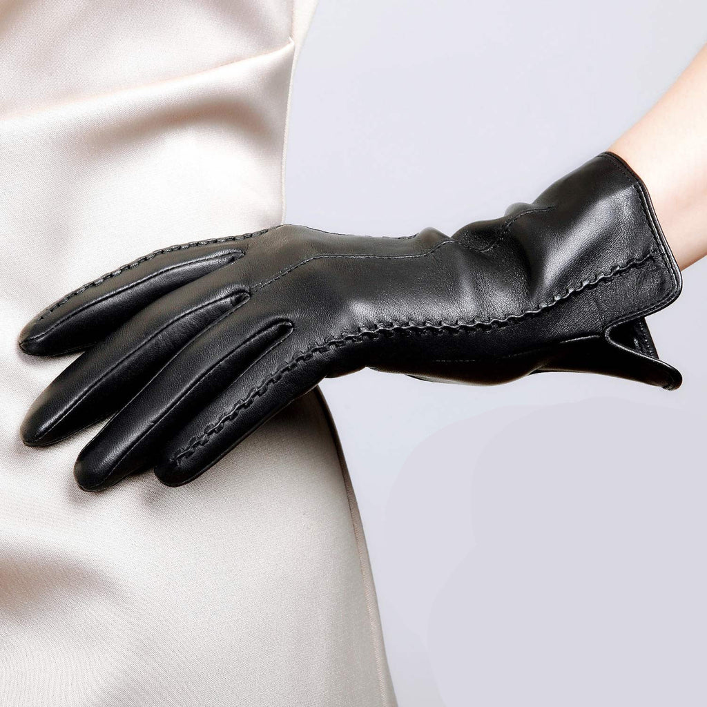 Women’s black leather dress gloves with whipstitch trim and vented cuff