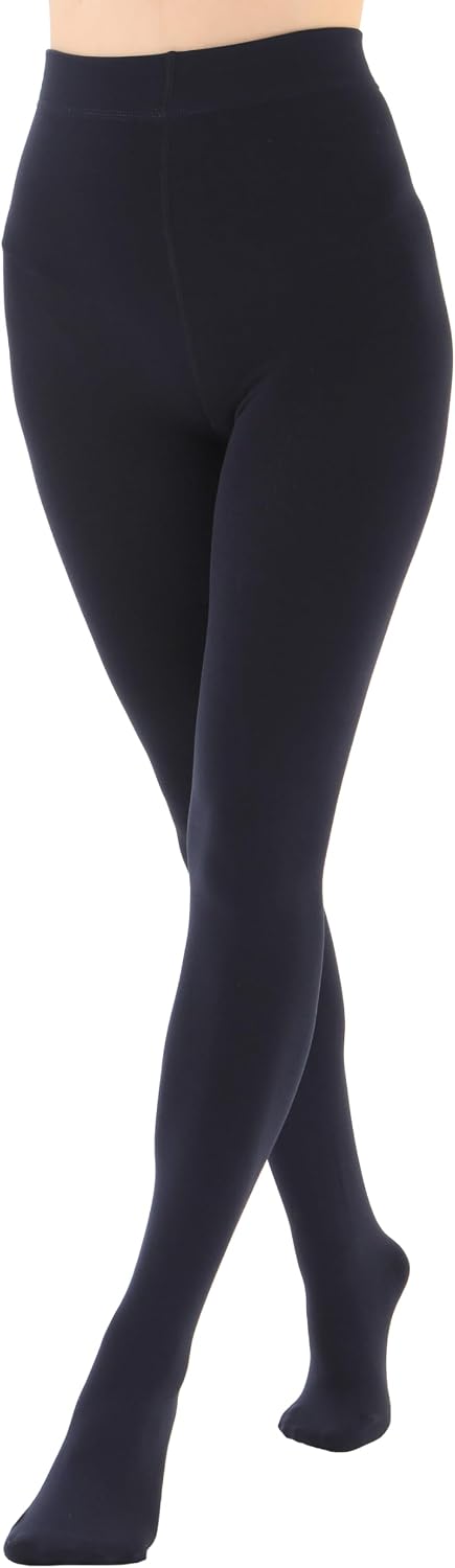 Women's fleece-lined opaque tights in navy blue, full-length leggings with smooth fit.