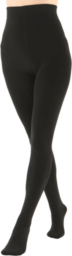 Women's fleece-lined opaque tights in black, full-length leggings with elastic waistband.