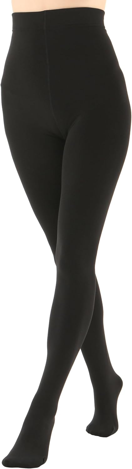 Women's fleece-lined opaque tights in black, full-length leggings with elastic waistband.