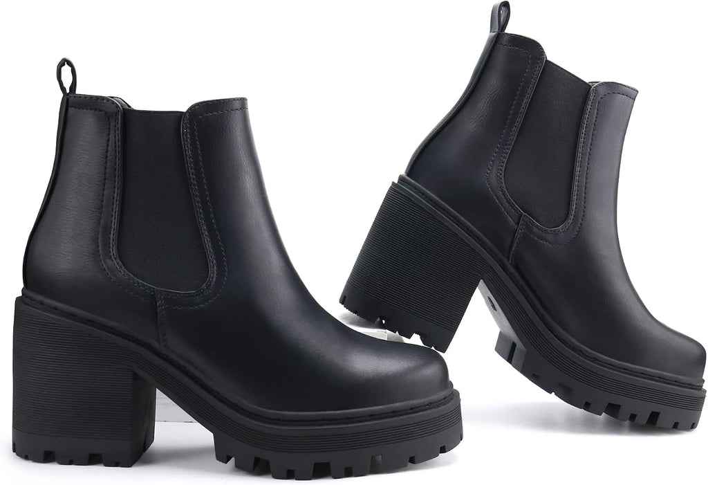 Black platform Chelsea boots shown from side angles, with block heels and lug soles