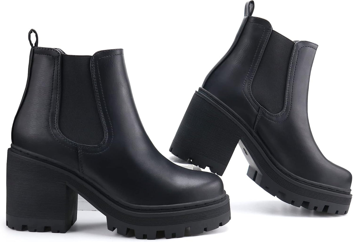 Black platform Chelsea boots shown from side angles, with block heels and lug soles