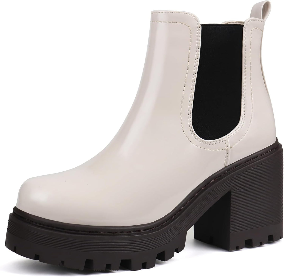 Cream Chelsea ankle boot with a black platform heel and lug sole