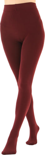 Women's fleece-lined opaque tights in wine red, full-length leggings with smooth fit.
