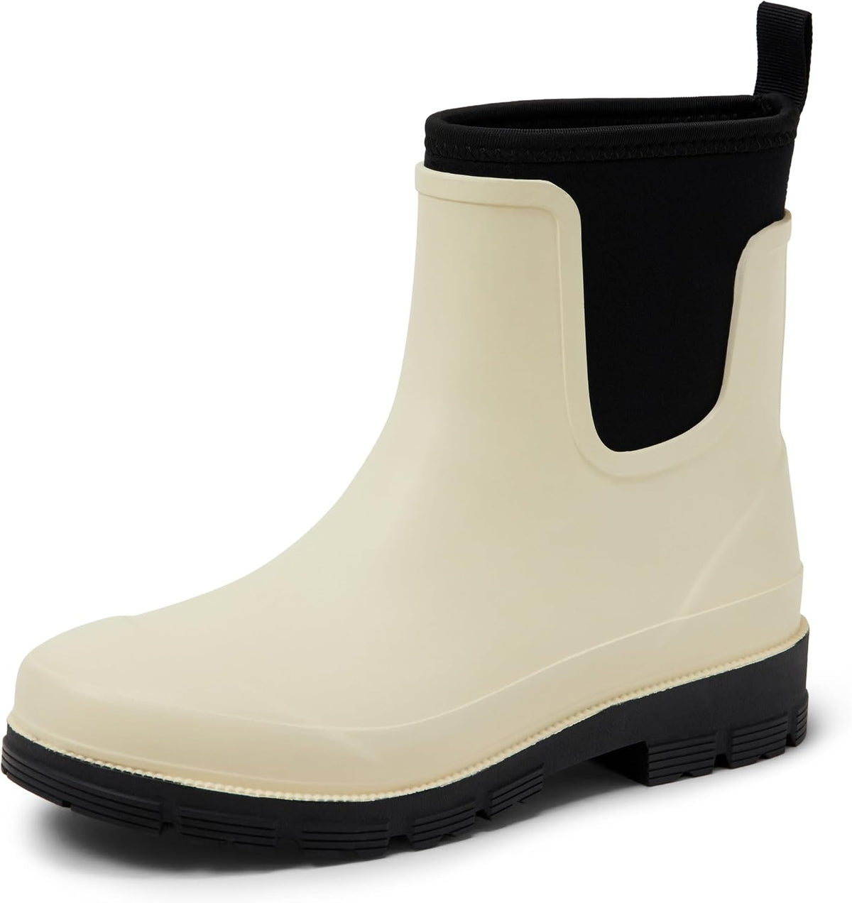 Ivory Chelsea ankle rain boot with elastic gore and black lugged rubber sole