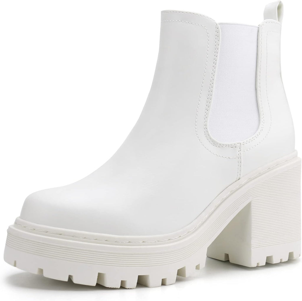 White platform Chelsea ankle boot with an elastic side panel and lug sole