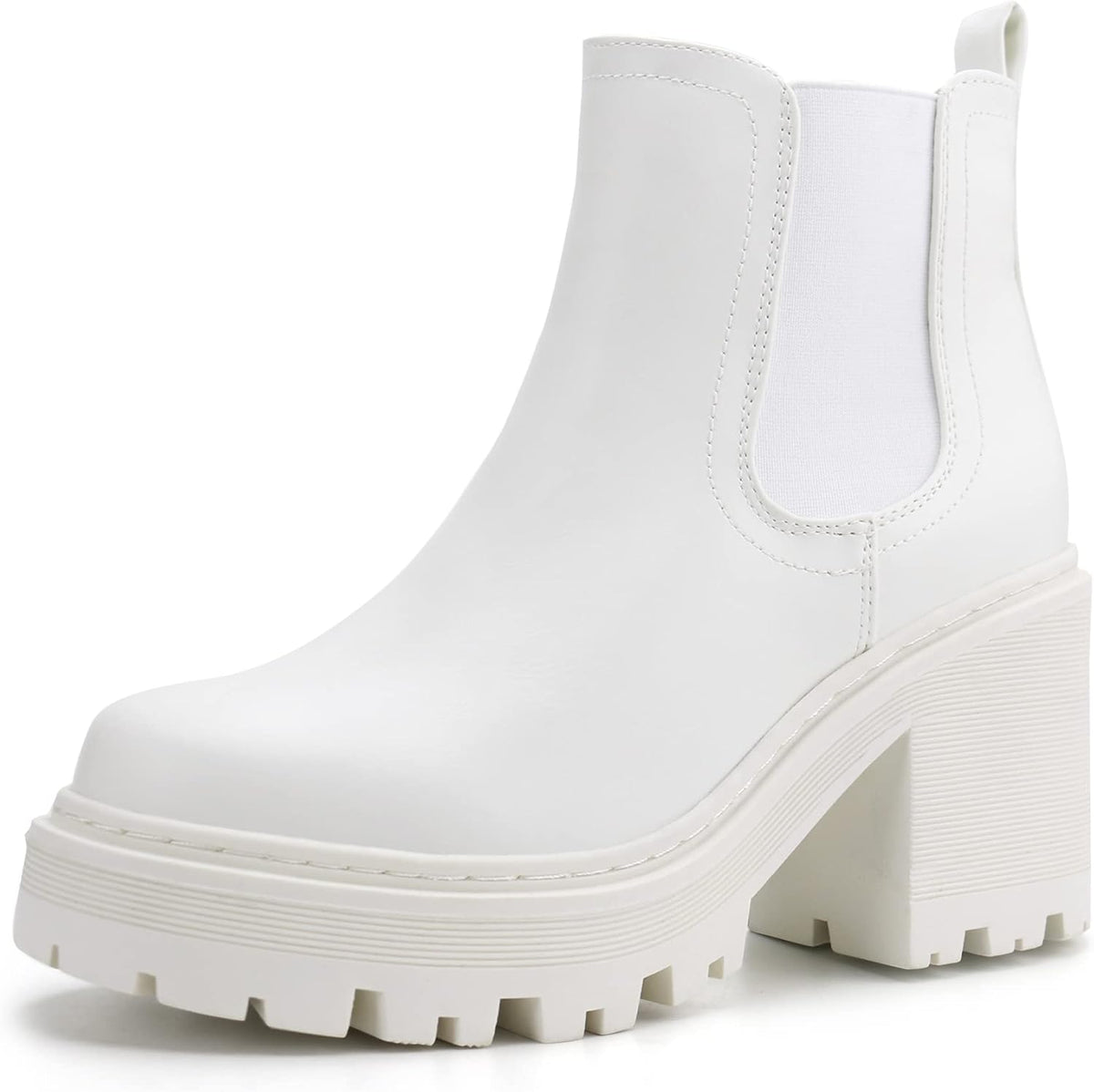White platform Chelsea ankle boot with an elastic side panel and lug sole