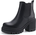 Black faux leather Chelsea boot with elastic side panel and chunky lug sole