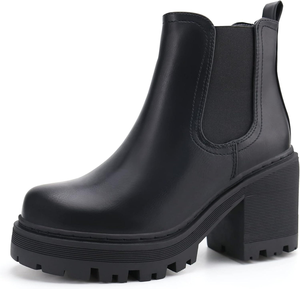 Black faux leather Chelsea boot with elastic side panel and chunky lug sole