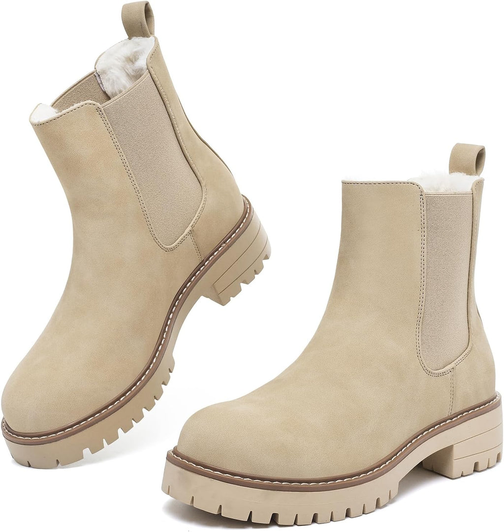 Beige faux leather Chelsea ankle boots with faux fur lining, contrast welt and chunky lug soles