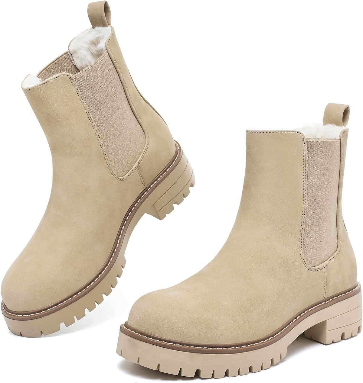 Beige faux leather Chelsea ankle boots with faux fur lining, contrast welt and chunky lug soles