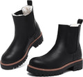 Black faux leather Chelsea ankle boots with faux fur lining, contrast welt and chunky lug soles