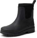 Black Chelsea ankle rain boot with elastic side gore, pull tab, and rubber tread sole
