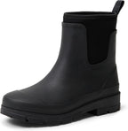 Black Chelsea ankle rain boot with elastic side gore, pull tab, and rubber tread sole