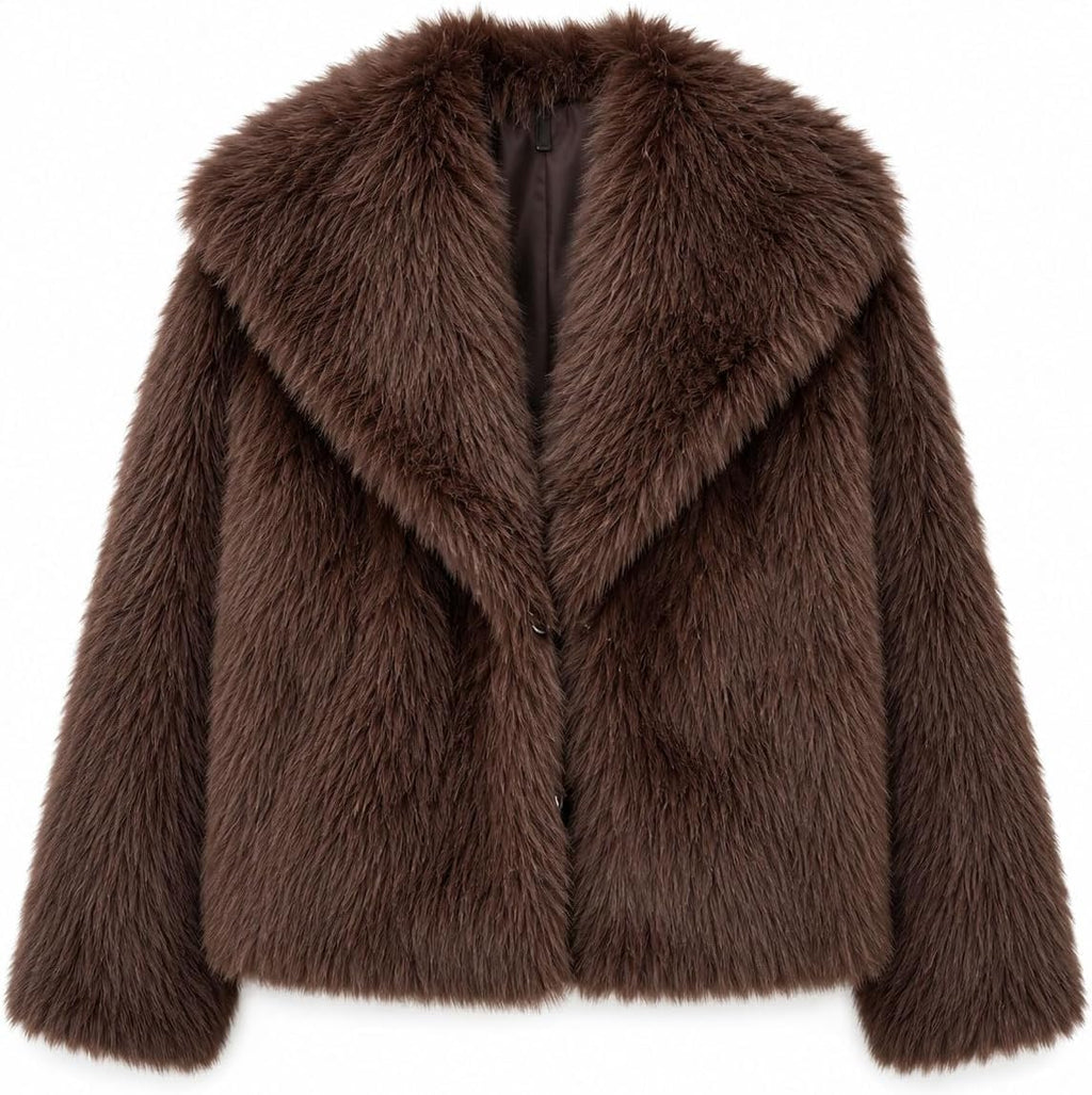Dark brown faux fur jacket with large lapels and a cropped straight hem