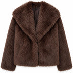 Dark brown faux fur jacket with large lapels and a cropped straight hem