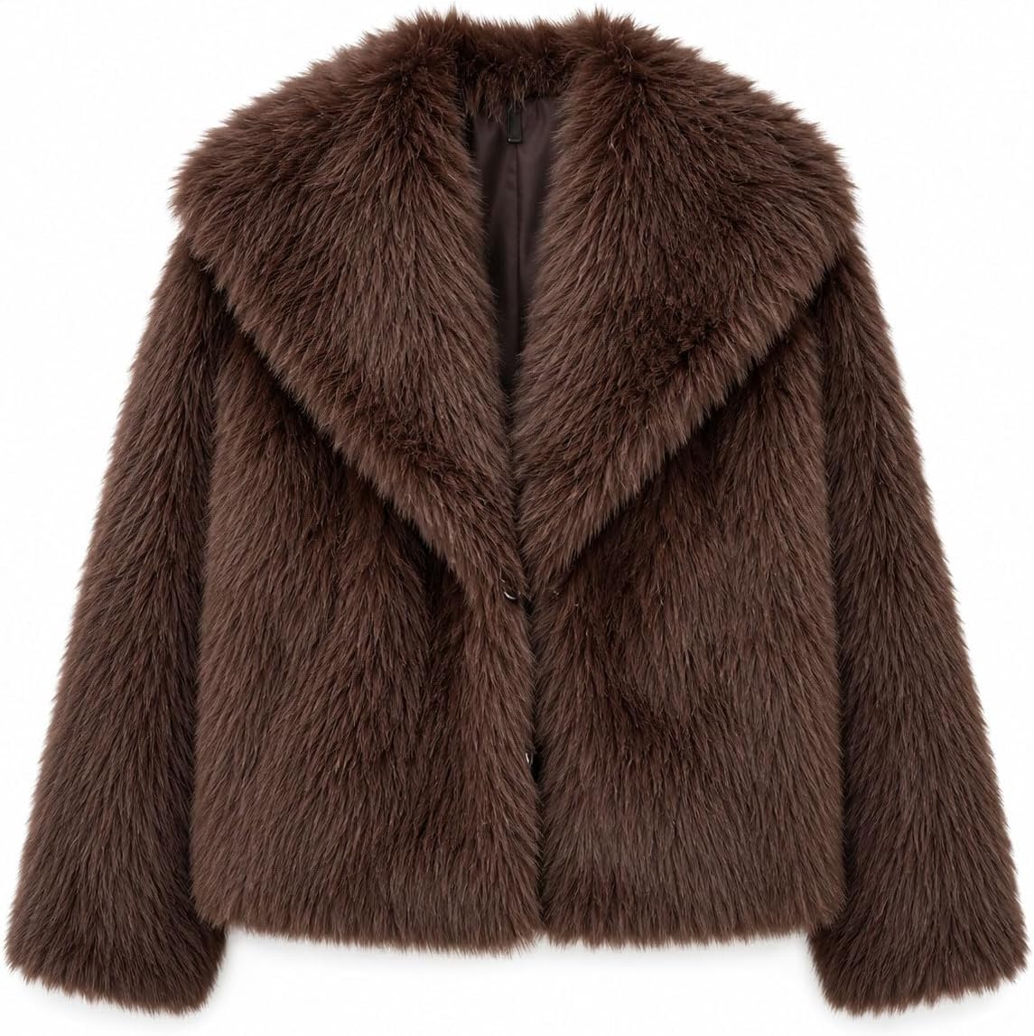 Dark brown faux fur jacket with large lapels and a cropped straight hem
