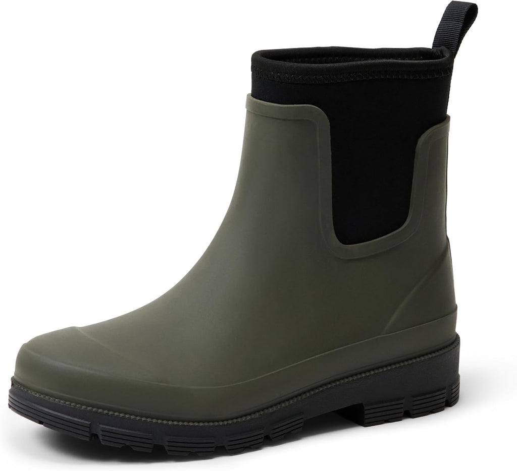 Olive Chelsea ankle rain boot with elastic gore and dark treaded rubber sole