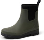 Olive Chelsea ankle rain boot with elastic gore and dark treaded rubber sole