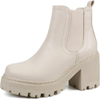 Beige faux leather Chelsea boot with a chunky block heel and lug sole