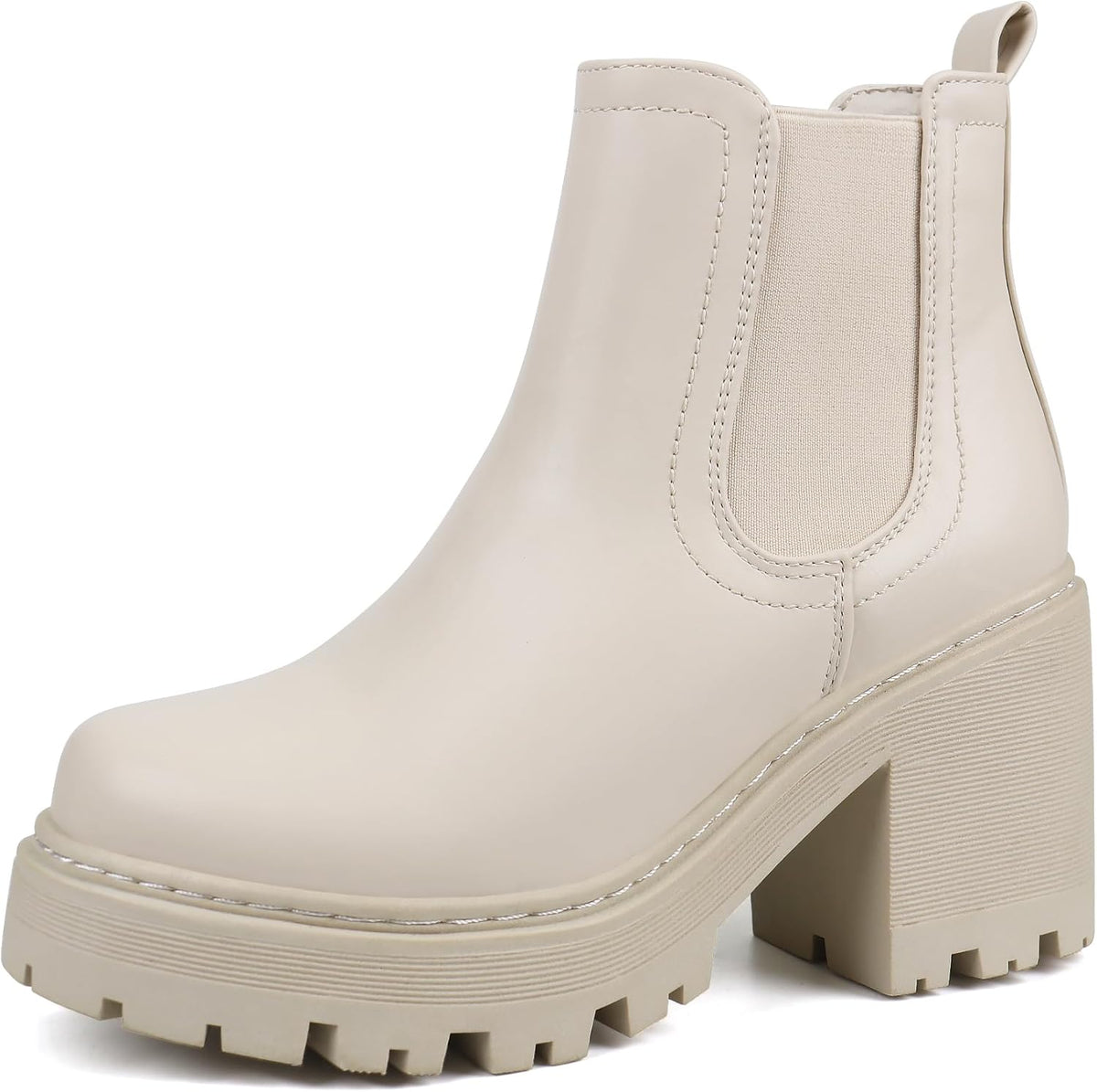 Beige faux leather Chelsea boot with a chunky block heel and lug sole