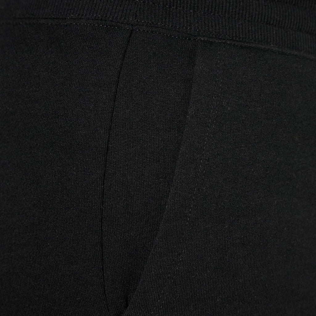 Women's black fleece sweatpants fabric and seam detail