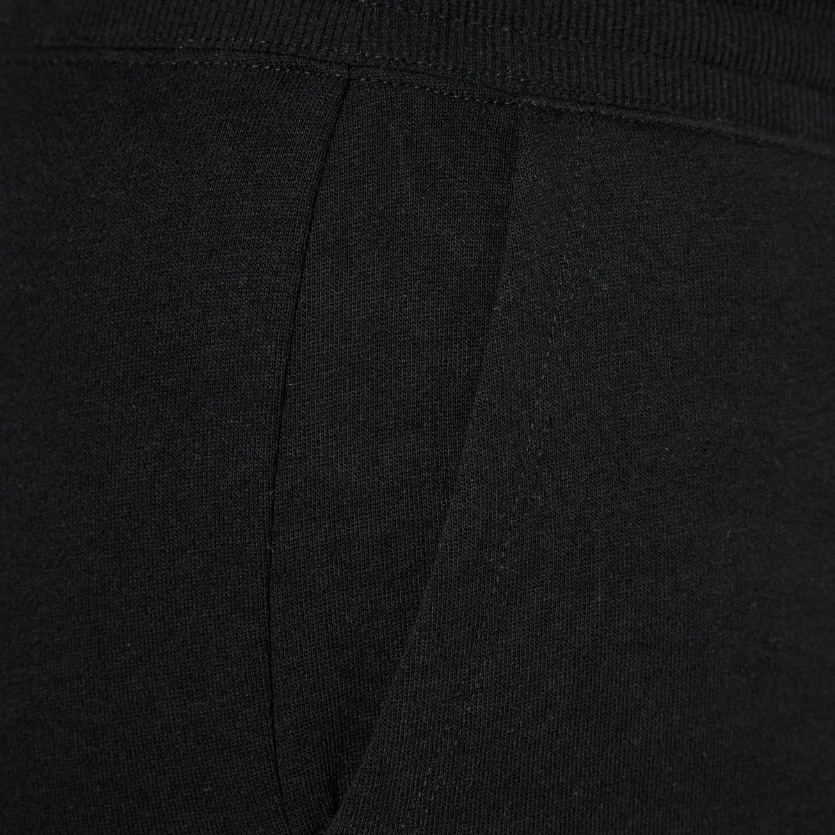 Women's black fleece sweatpants fabric and seam detail