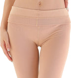 Women's fleece-lined opaque tights in nude, front view with elastic waistband.
