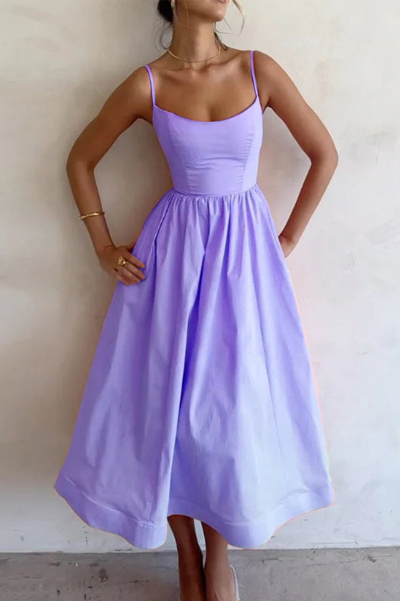 Purple sweetheart midi dress with spaghetti straps and gathered waist flared skirt