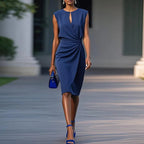 Sleeveless sheath midi dress in dark blue, V-neck and waist twist knot