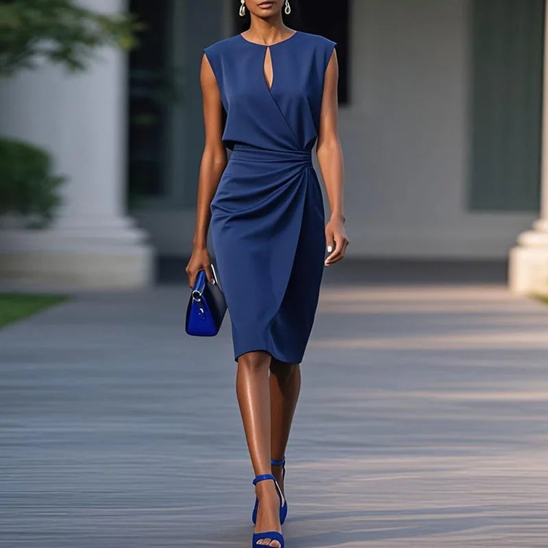 Sleeveless sheath midi dress in dark blue, V-neck and waist twist knot