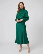 Cowl neck satin midi dress in deep green, long sleeves, midi length