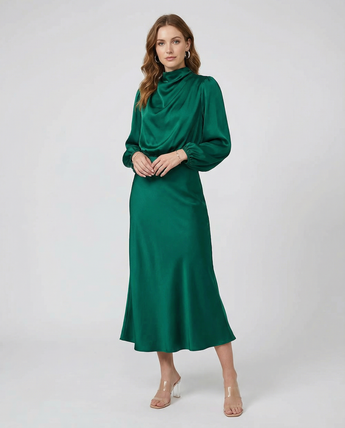 Cowl neck satin midi dress in deep green, long sleeves, midi length