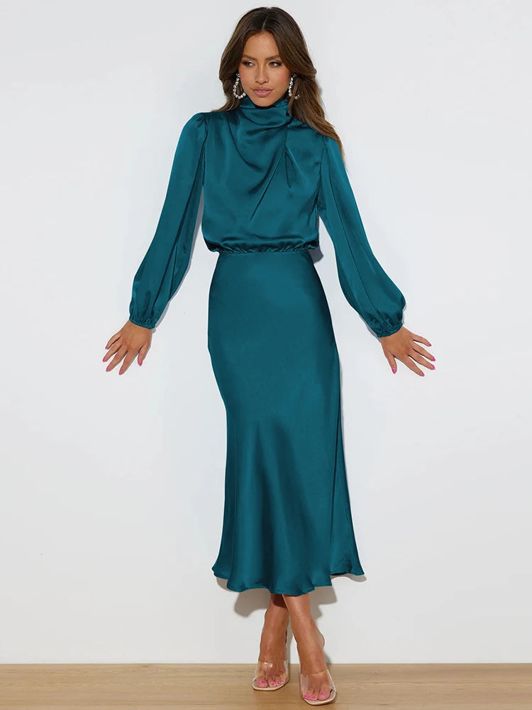 Cowl neck satin midi dress in teal blue-green, long sleeves, tapered fit