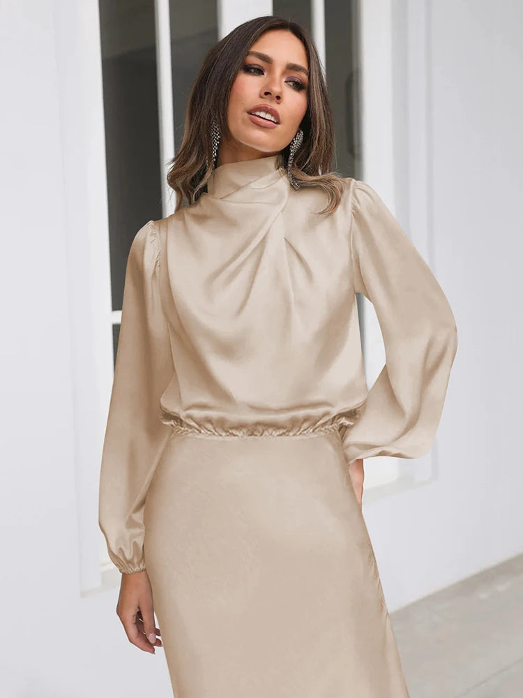 Cowl neck satin midi dress in beige, long sleeves, draped neckline