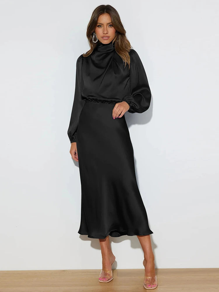 Cowl neck satin midi dress in black, long sleeves, cowl neck detail