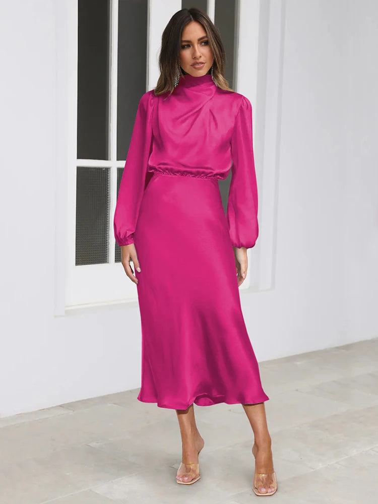 Cowl neck satin midi dress in magenta, long sleeves, draped cowl neckline