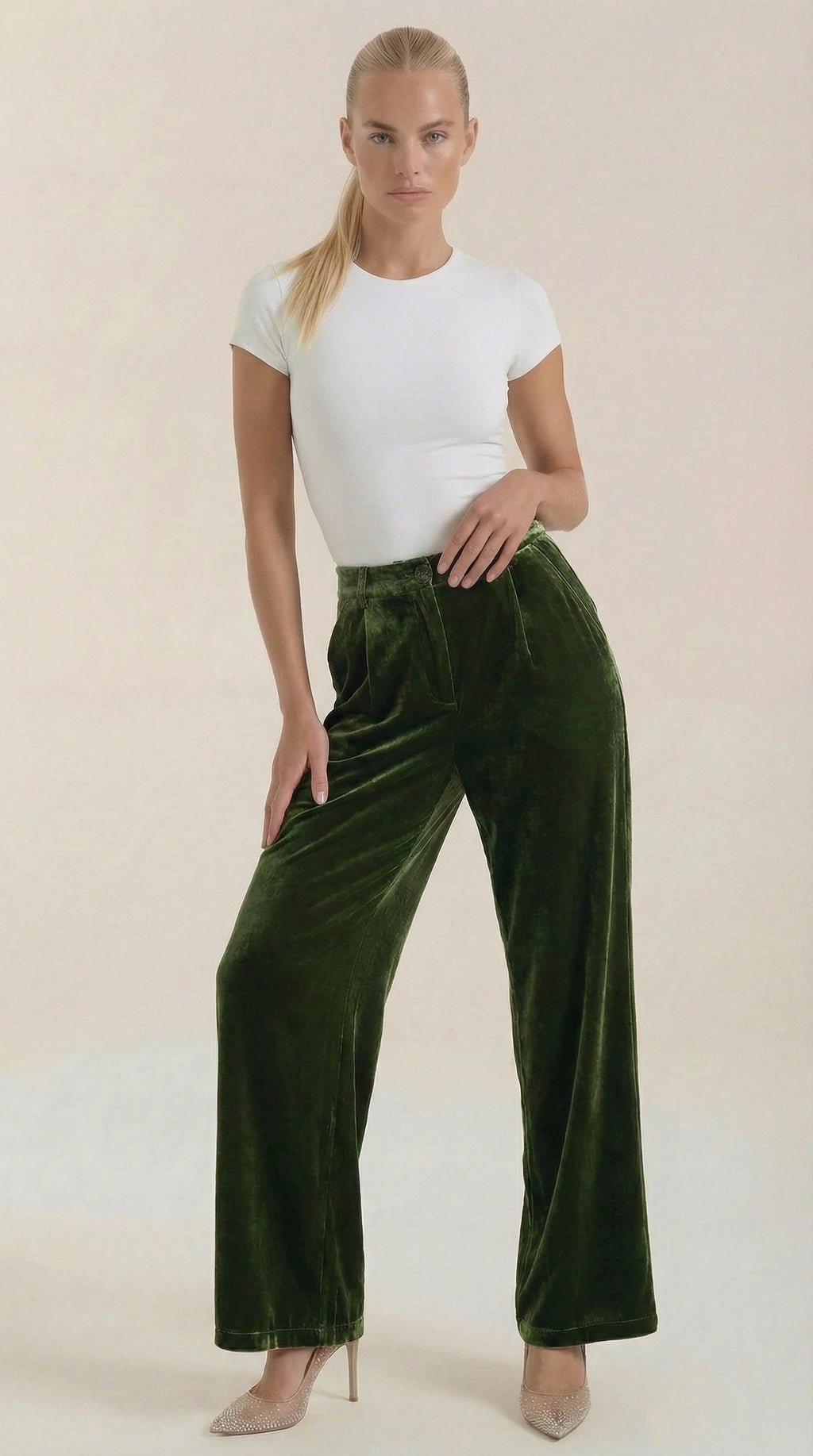 Green velvet wide-leg pants with high-rise elastic waistband