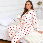 Women’s heart-print pajama set, white top and pants with red hearts, long sleeves