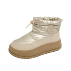 Cream khaki snow boot with drawstring top, padded collar and thick rubber sole
